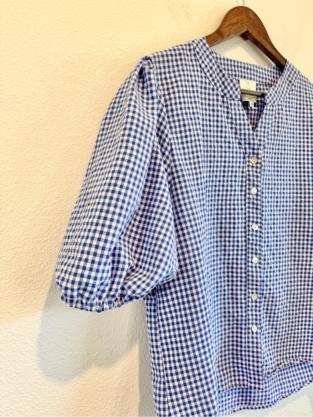 Joie Gingham Puff Sleeve Blouse M Blue White Preppy Coastal Grandmillennial K08 - Picture 3 of 8
